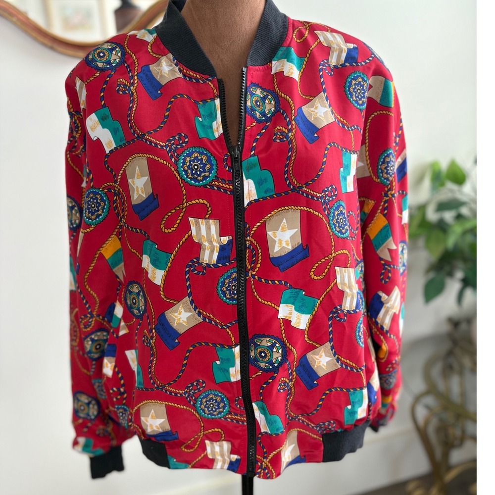 Vintage Notations Nautical‎ Flags Print Bomber Jacket Red Womens Large